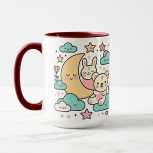 Whimsical Bunny and Bear Under Moon Illustration Mug