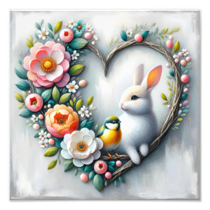 Whimsical Bunny and Bird Floral Heart Photo Print