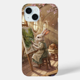 Whimsical Bunny Artist Painting on Easel iPhone 15 Case