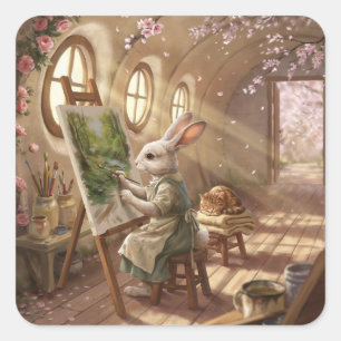 Whimsical Bunny Artist Painting on Easel Square Sticker