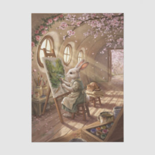 Whimsical Bunny Artist Painting on Easel Tissue Paper