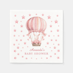 Whimsical Bunny Balloon Pink Stars Baby Shower Napkin