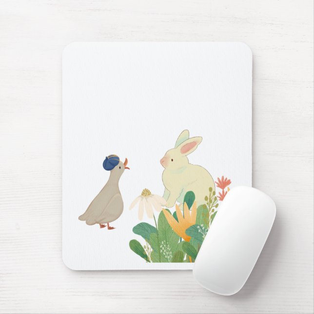 Whimsical Bunny & Bird in Bloom – Cute Spring Fore Mouse Mat (With Mouse)