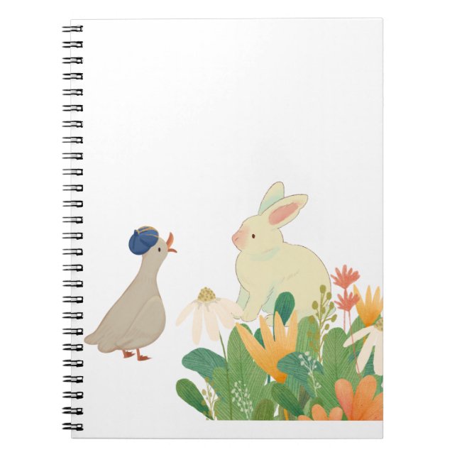 Whimsical Bunny & Bird in Bloom – Cute Spring Fore Notebook (Front)