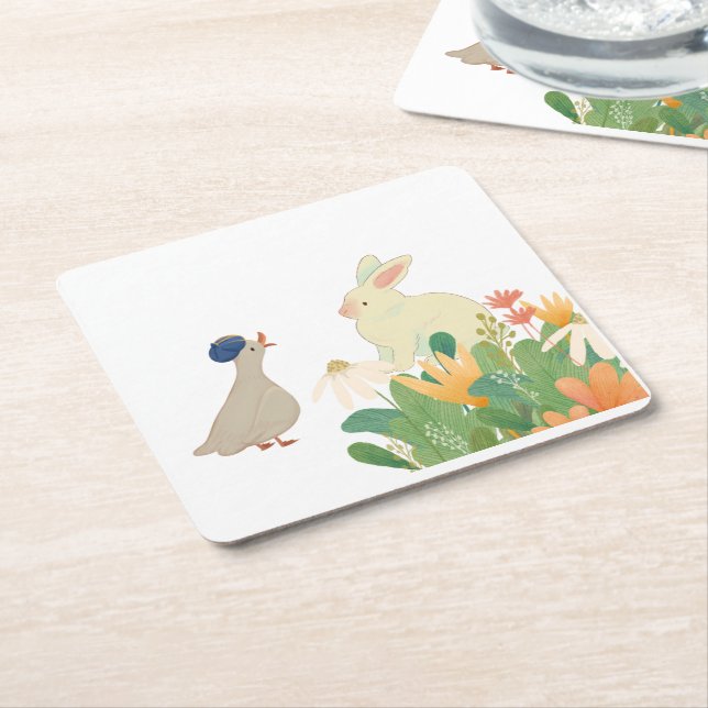 Whimsical Bunny & Bird in Bloom – Cute Spring Fore Square Paper Coaster (Angled)