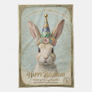 Whimsical Bunny Birthday Elegance Tea Towel