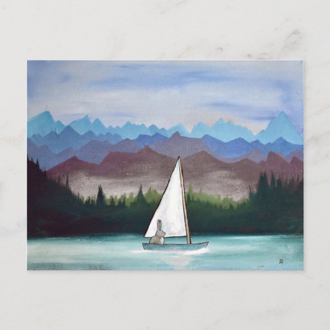 Whimsical Bunny Boat Mountains Woodland Artwork Postcard (Front)