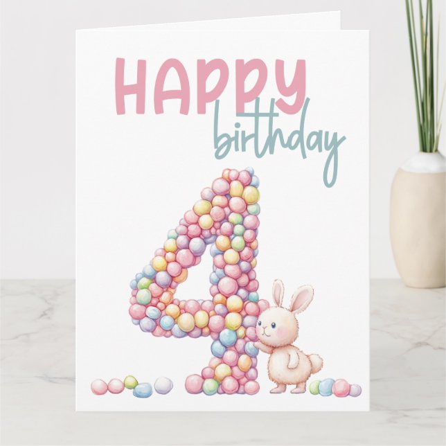 Whimsical Bunny & Candies Watercolour 4th Birthday Card (Front)