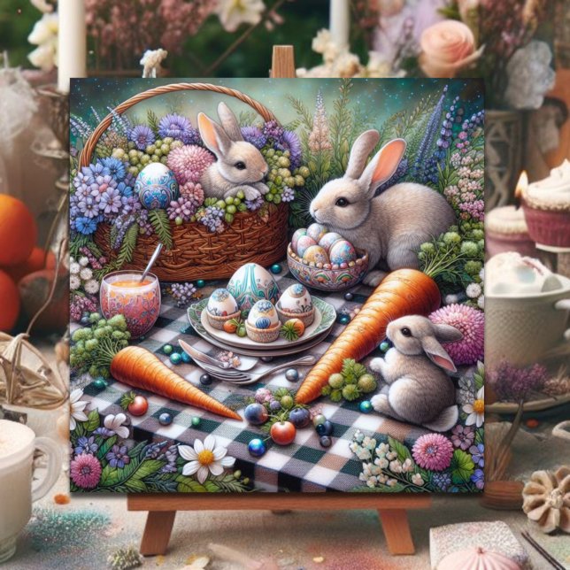 Whimsical Bunny Easter Picnic Pink Purple Flowers Holiday Card (Creator Uploaded)