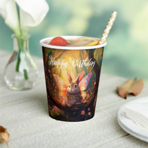 Whimsical bunny enchanted forest Happy Birthday Paper Cups