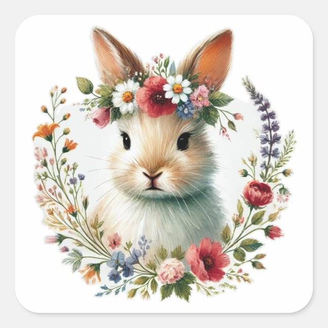 Whimsical Bunny Face Square Sticker (Front)