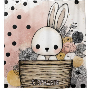 Whimsical Bunny Floral Watercolor Art Shower Curtain