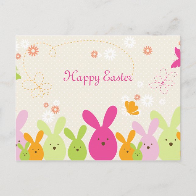 Whimsical bunny & flowers happy easter postcard (Front)