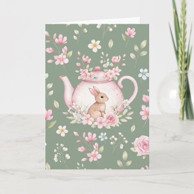 Whimsical Bunny Green Teapot Floral Easter  Card (Front)