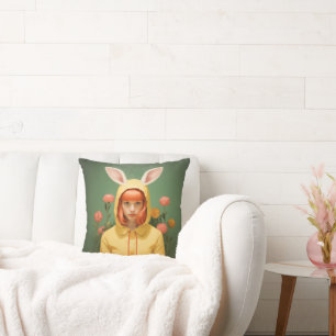 Whimsical Bunny-Hooded Girl Cushion