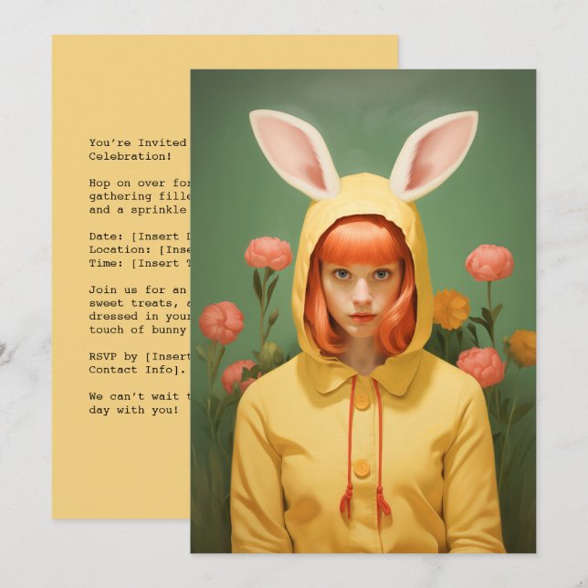 Whimsical Bunny-Hooded Girl Invitation (Front/Back)