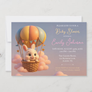 Whimsical Bunny Hot Air Balloon with Pink Clouds Invitation