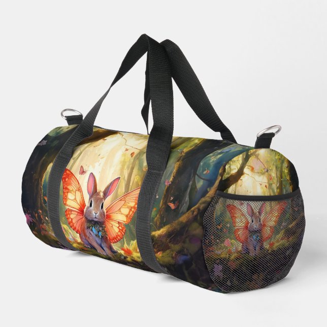 Whimsical bunny in an enchanted forest duffle bag (Right Corner)