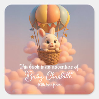 Whimsical Bunny in Hot Air Balloon Baby Shower Square Sticker