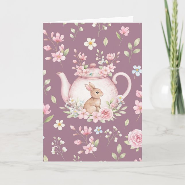 Whimsical Bunny Pink Teapot Floral Easter  Card (Front)
