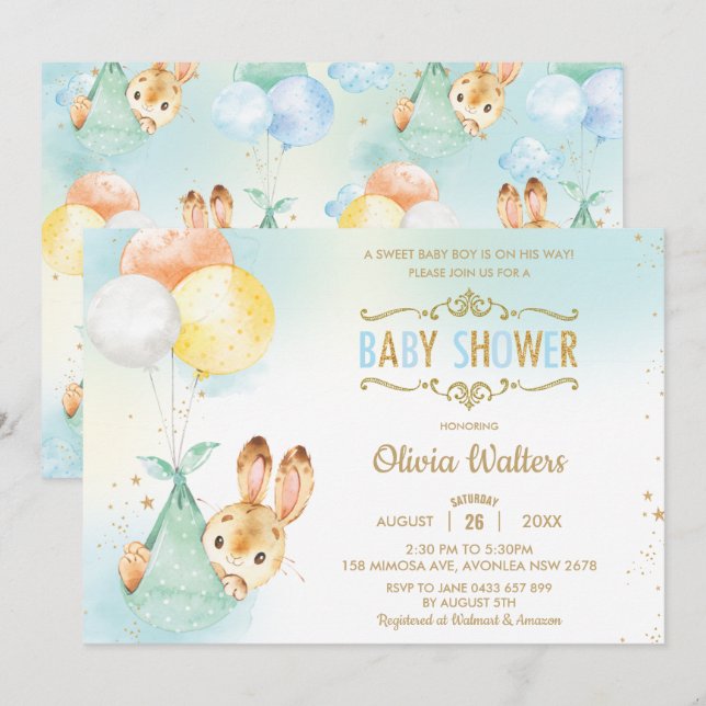 Whimsical Bunny Rabbit Balloons Baby Shower Boy Invitation (Front/Back)