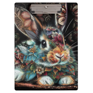 Whimsical Bunny Rabbit Floral Abstract Black Teal  Clipboard