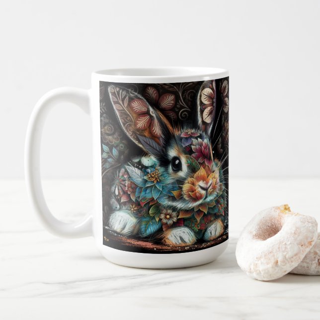 Whimsical Bunny Rabbit Floral Abstract Black Teal  Coffee Mug (With Donut)