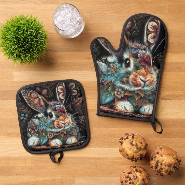 Whimsical Bunny Rabbit Floral Abstract Black Teal  Oven Mitt & Pot Holder Set (Top Down)