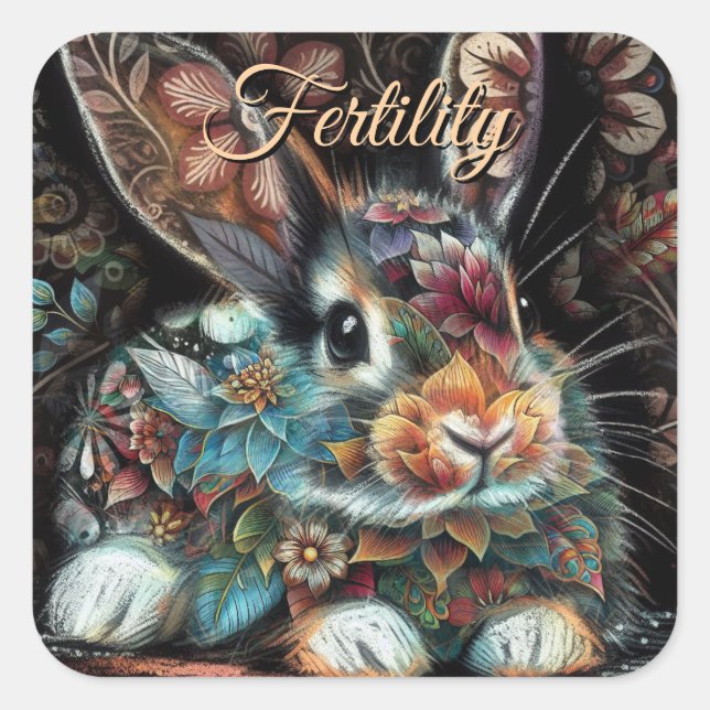 Whimsical Bunny Rabbit Floral Abstract Black Teal  Square Sticker (Front)