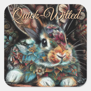 Whimsical Bunny Rabbit Floral Abstract Black Teal  Square Sticker