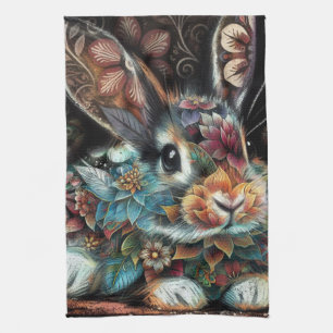 Whimsical Bunny Rabbit Floral Abstract Cottagecore Tea Towel