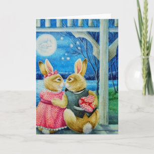 Whimsical Bunny Rabbit Valentines Watercolor Art Card