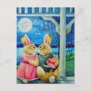Whimsical Bunny Rabbit Valentines Watercolor Art Postcard