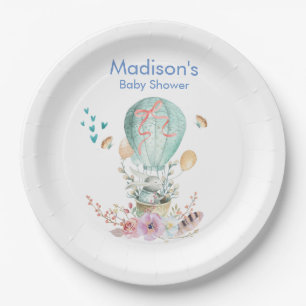 Whimsical Bunny Riding in a Balloon Baby Shower Paper Plate