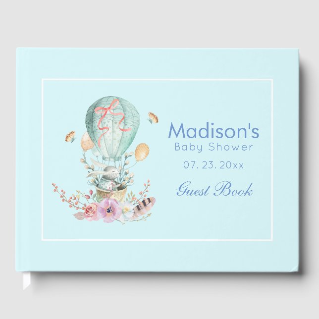 Whimsical Bunny Riding in a Hot Air Balloon Baby Guest Book (Front)