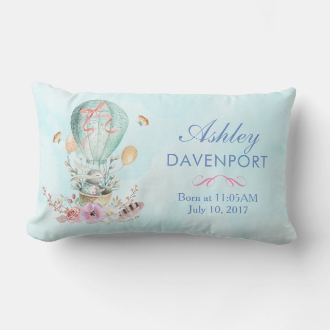 Whimsical Bunny Riding in a Hot Air Balloon Baby Lumbar Cushion (Front)