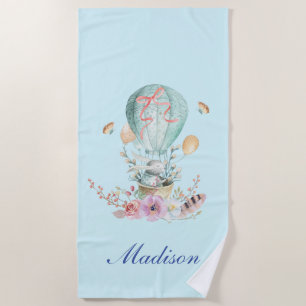 Whimsical Bunny Riding in a Hot Air Balloon Beach Towel