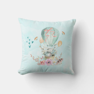 Whimsical Bunny Riding in a Hot Air Balloon Cushion