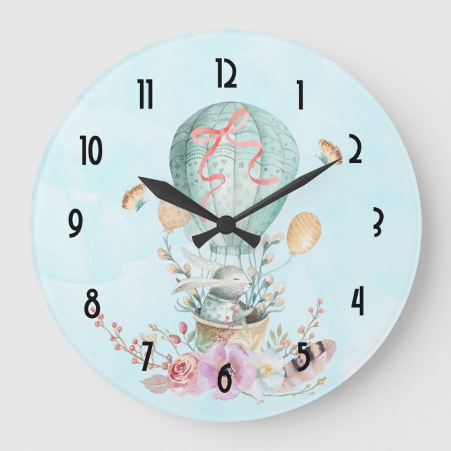 Whimsical Bunny Riding in a Hot Air Balloon Large Clock (Front)