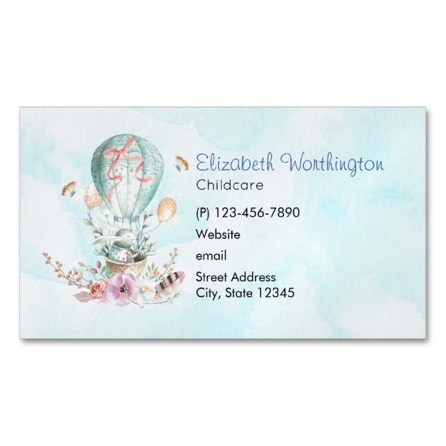Whimsical Bunny Riding in a Hot Air Balloon Magnetic Business Card (Front)