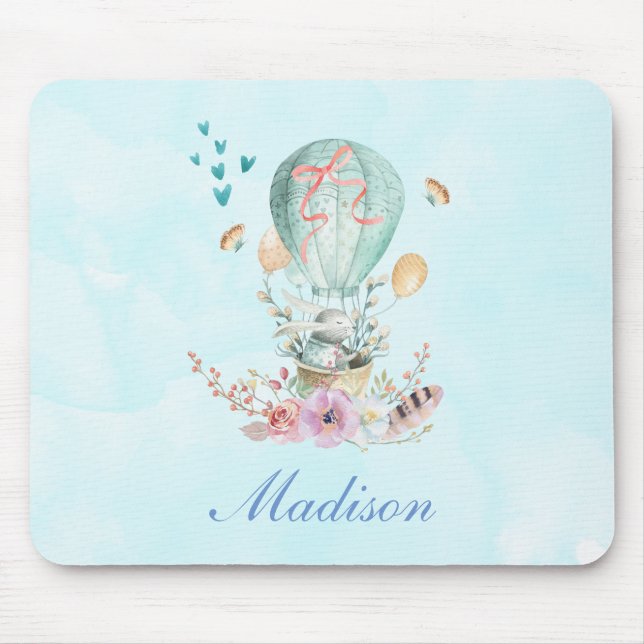 Whimsical Bunny Riding in a Hot Air Balloon Mouse Mat (Front)