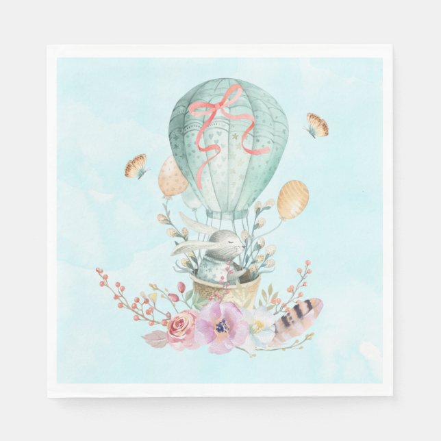 Whimsical Bunny Riding in a Hot Air Balloon Napkin (Front)