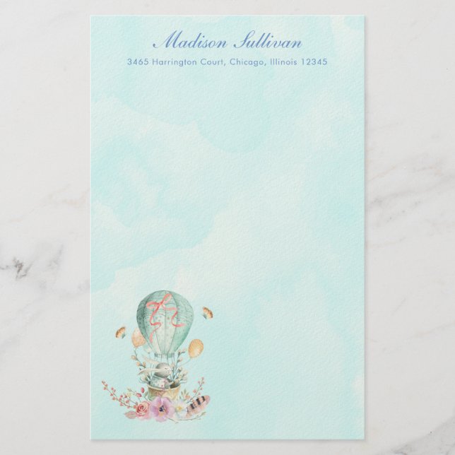 Whimsical Bunny Riding in a Hot Air Balloon Stationery (Front)