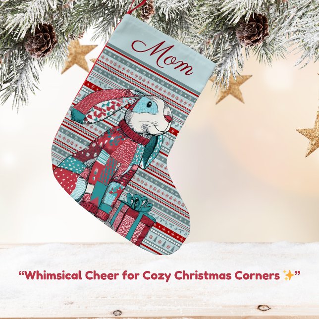 Whimsical Bunny  Small Christmas Stocking (Patchwork bunny Christmas stocking in aqua and red — perfect for Mom 💕)