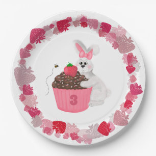 Whimsical Bunny & Strawberry Cupcake Birthday Paper Plate