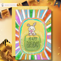 Whimsical Bunny Sunburst Kids Birthday Flat Card