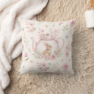Whimsical Bunny Teapot Floral Easter Cushion