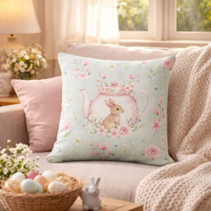 Whimsical Bunny Teapot Floral Easter Cushion