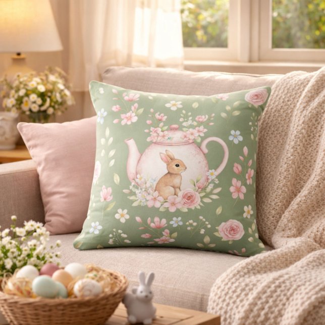 Whimsical Bunny Teapot Floral Easter Cushion (Creator Uploaded)