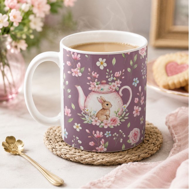 Whimsical Bunny Teapot Floral Spring  Coffee Mug (Creator Uploaded)